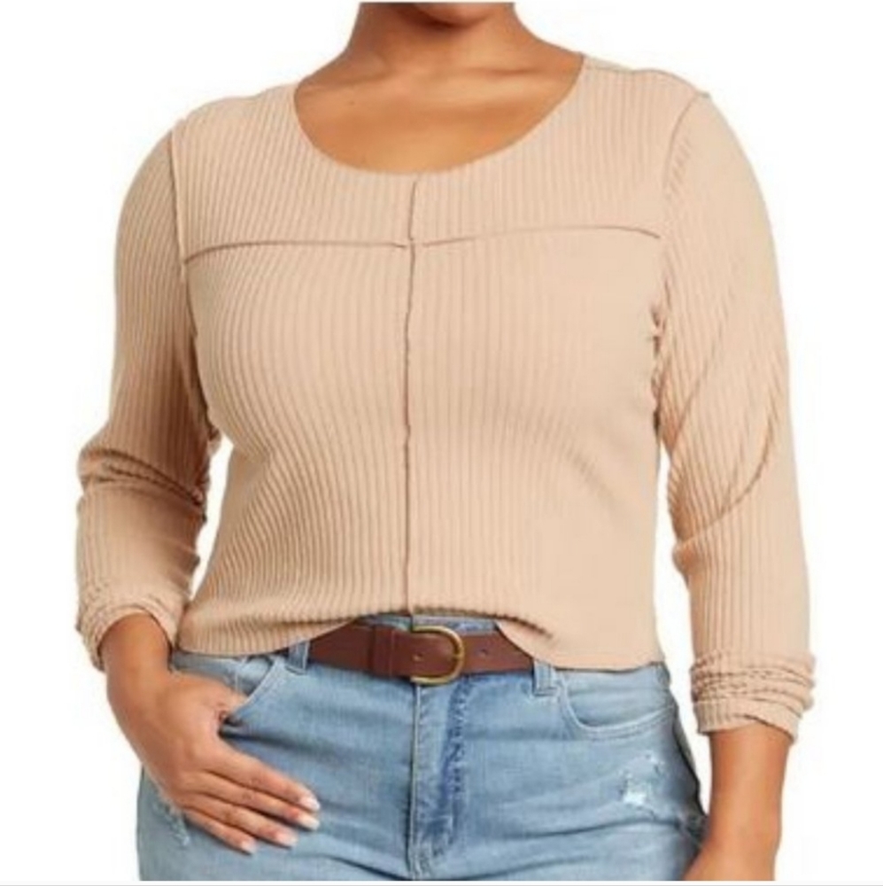 Abound Women's Boxy Ribbed Shirt Plus Size 3X Long Sleeve Camel Top